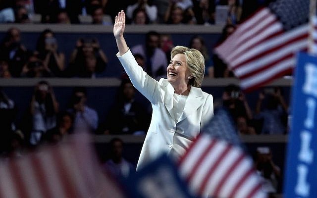 Hillary Clinton acknowledging the crowd during the fourth day of the Democratic National Convention at the Wells Fargo Center in Philadelphia, July 28, 2016. (Jessica Kourkounis/Getty Images/JTA)