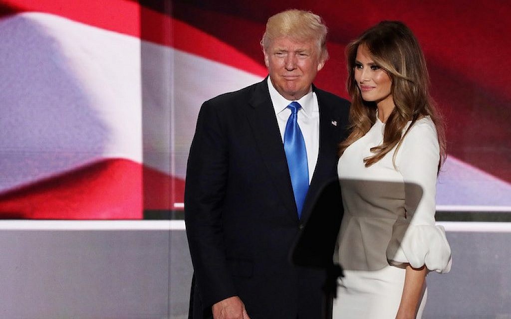 Donald Trump posing with his wife, Melania, after she delivered a speech on the first day of the Republican National Convention, July 18, 2016. (Alex Wong/Getty Images, via JTA)
