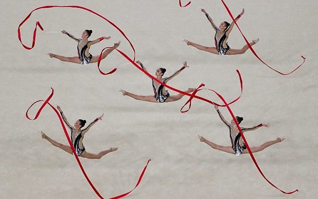 Israel's team competes in the group all-around final event of the Rhythmic Gymnastics at the Olympic Arena during the Rio 2016 Olympic Games in Rio de Janeiro on August 21, 2016. (AFP PHOTO / Thomas COEX)