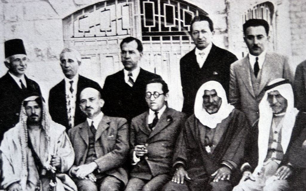 Chaim Weizmann (left of center) at a meeting with Arab leaders at the King David Hotel, Jerusalem, 8 April 1933.  The picture was taken the eve of Passover 1931 at discussions on land sale in Transjordan (Wikipedia)