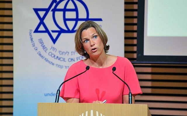 Katharina von Schnurbein, the EU's coordinator for fighting anti-Semitism, addressing the  Israel Council on Foreign Relations in Jerusalem, July 14, 2016 (Andres Lacko)