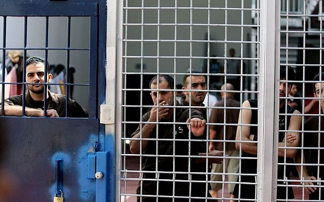 Illustrative image of security prisoners in the Ofer Prison facility near Ramallah, August 20, 2008. (Moshe Shai/Flash90)