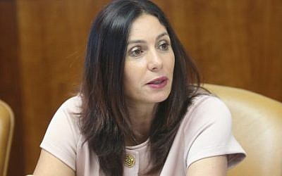 Culture and Sport Minister Miri Regev seen at the weekly cabient meeting in the Prime Minister's Office, Jerusalem July 10, 2016. (Alex Kolomoisky/POOL) 