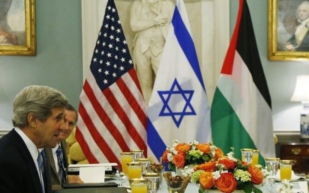 Then-US secretary of state John Kerry is seen at the State Department to mark the resumption of Israeli-Palestinian peace talks, on July 29, 2013. (AP/Charles Dharapak)