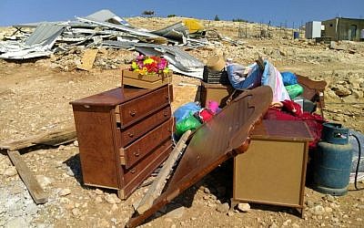 An EU-funded shelter in the Palestinian village of Umm el-Kheir, demolished by Israeli authorities on August 9, 2016 (Guy Butavia)