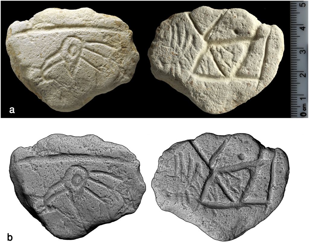 A 16,500-year-old limestone palette engraved with a bird's head found at Ein Qashish in northern Israel. ( CC BY, PLoS ONE; A Unique Assemblage of Engraved Plaquettes from Ein Qashish South, Jezreel Valley, Israel: Figurative and Non-Figurative Symbols of Late Pleistocene Hunters-Gatherers in the Levant)