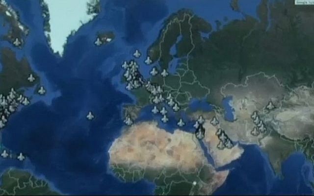 A map plotting American air bases identified as potential targets by Islamic State members in a Telegram group hacked by an Israeli cyberintelligence company. (Screen capture: Channel 10)