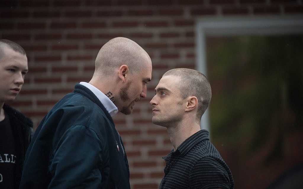 Daniel Radcliffe, right, in a scene from “Imperium,” in which he plays an FBI agent going undercover as a neo-Nazi. (Lionsgate Premiere)