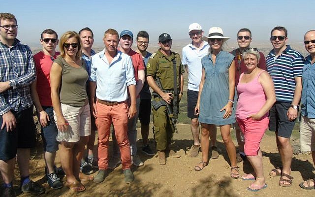 A delegation of Conservative Scottish lawmakers during an IDF strategic briefing at Mount Bental, overlooking the Syrian border, August 2016 (Elkie Myers/CFI)