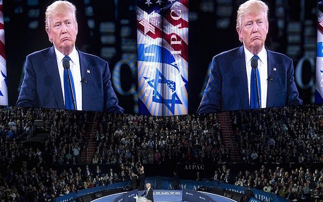 Donald Trump speaking at the American Israel Public Affairs Committee (AIPAC) 2016 Policy Conference at the Verizon Center in Washington, DC, March 21, 2016. (Saul Loeb/AFP/Getty Images via JTA)