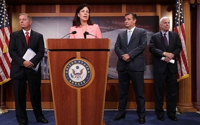 Sen. Lindsey Graham (R-SC), Sen. Kelly Ayotte (R-NH), Sen. John McCain (R-AZ) and Sen. Ted Cruz (R-TX) hold a news conference about military assistance to Israel at the U.S. Capitol September 20, 2016 in Washington, DC. (Chip Somodevilla/Getty Images/AFP)