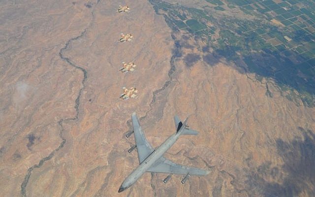 Israel Air Force F-16 fighter jets and a refueling plane fly in formation over Nevada during the United States Air Force's Red Flag exercise in August. (IDF Spokesperson's Unit)