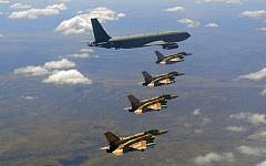 Illustrative: Israel Air Force F-16 fighter jets and a refueling plane fly in formation over Nevada during the United States Air Force's Red Flag exercise in August 2016. (IDF Spokesperson's Unit)