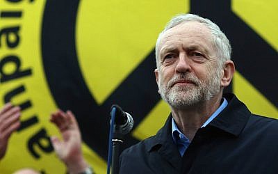 Labour Party leader Jeremy Corbyn speaking after a Stop Trident march though central London, Feb. 27, 2016. (Dan Kitwood/Getty Images via JTA)