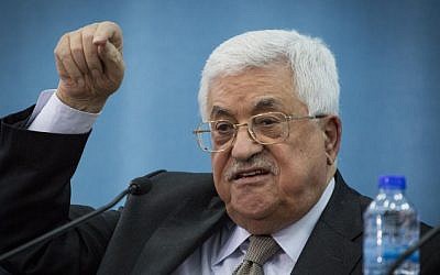 Palestinian Authority President Mahmoud Abbas speaks during a meeting with a delegation of the Federation of Jews from Arab countries in Ramallah, in the West Bank, on March 28, 2016. (Hadas Parush/Flash90)
