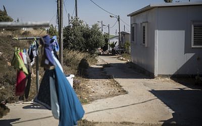 View of a street and caravan homes at the Amona outpost in the West Bank, on July 28, 2016. (Hadas Parush/FLASH90)