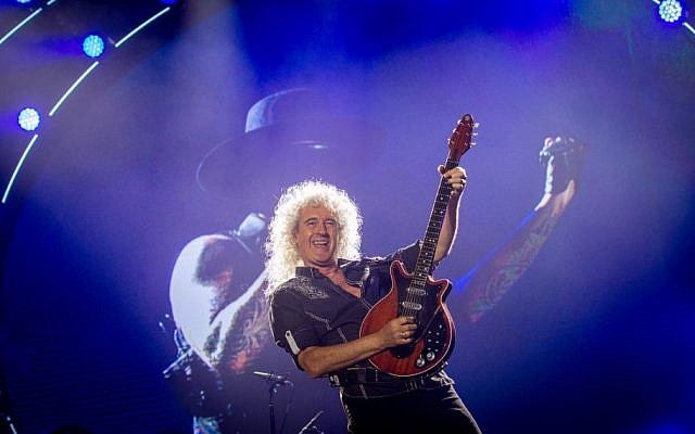 Queen's guitarist Brian May during a concert of American singer Adam Lambert and British band Queen in Hayarkon Park, Tel Aviv, September 12, 2016. (Miriam Alster/Flash90)