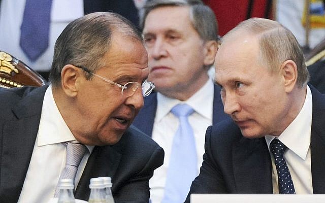 Russian President Vladimir Putin, right, and Russian Foreign Minister Sergey Lavrov at a CIS (Commonwealth of Independent States) summit in Bishkek, Kyrgyzstan, Saturday, Sept. 17, 2016. (Mikhail Klimentyev/Sputnik, Kremlin Pool Photo via AP)