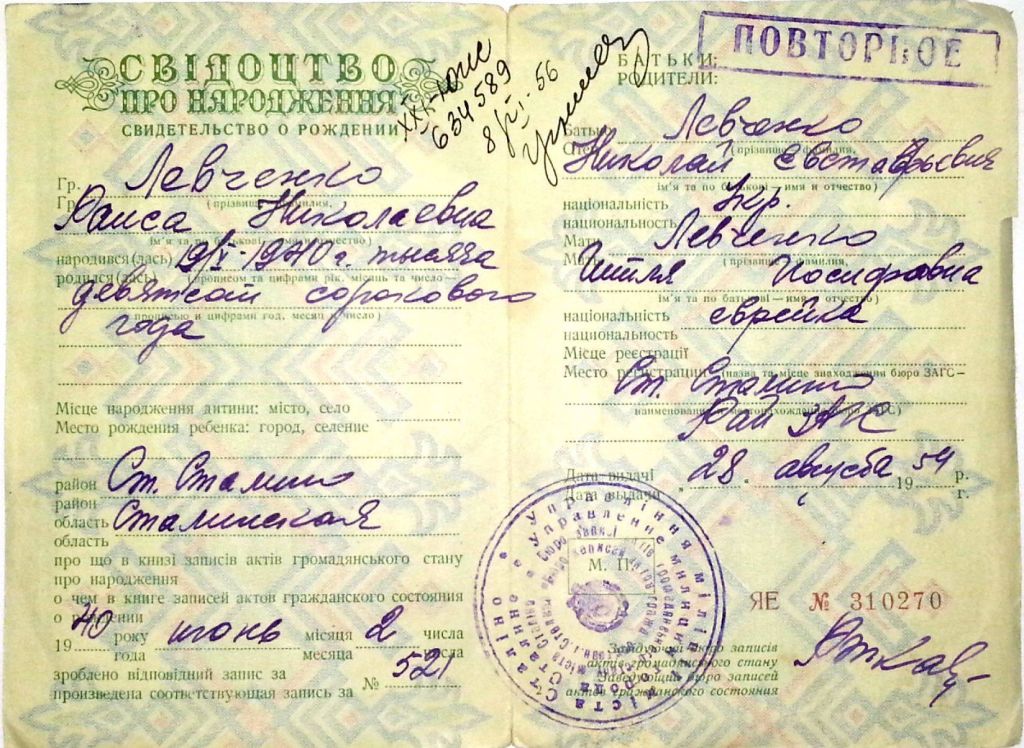 The birth certificate of Nikolay Liskov's grandmother, which says she is Jewish. (Courtesy)