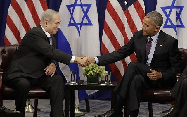 President Barack Obama shakes hands with Prime Minister Benjamin Netanyahu during a bilateral meeting at the Lotte New York Palace Hotel in New York, Wednesday, Sept. 21, 2016. (AP Photo/Carolyn Kaster)