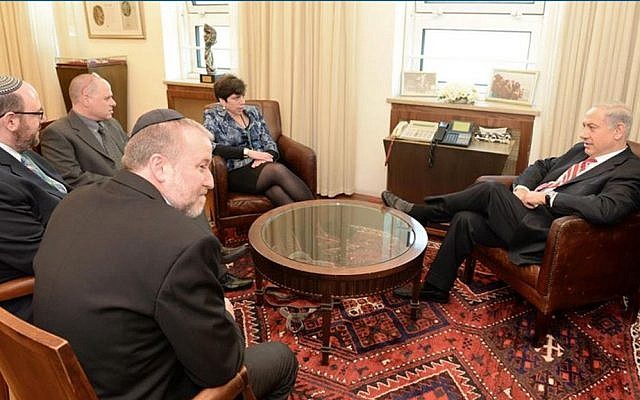One of the many negotiation meetings leading up to the January 2016 Western Wall compromise, subsequently frozen by Netanyahu. Here at Prime Minister Benjamin Netanyahu's office, with former Cabinet Secretary Avichai Mandelblit (black jacket), Rabbi Steven Wernick, head of United Synagogue for Conservative Judaism, executive director on the Masorti Movement Yizhar Hess (glasses) , and Rabbi Julie Schonfeld, head of the Conservative movement's Rabbinical Assembly. (courtesy Yizhar Hess)