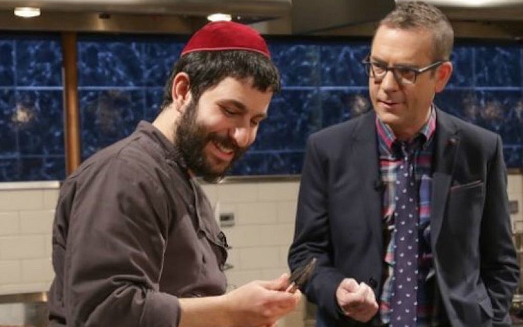Rabbi Hanoch Hecht, left, on 'Chopped' with host Ted Allen (Courtesy of Hecht/via JTA)