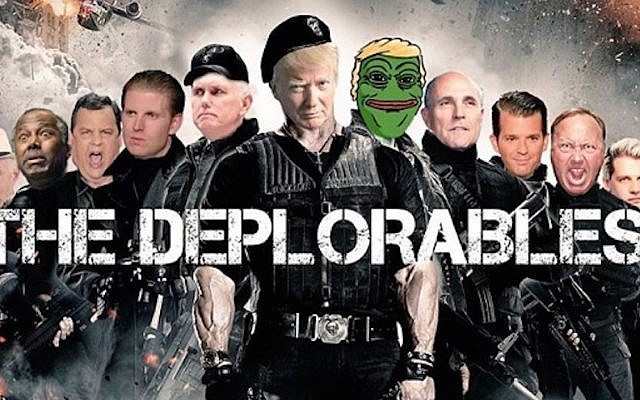 A movie poster parody posted on Instagram on Sept. 11 2016 by Donald Trump Jr. and including Trump Jr., third from right, his father, Republican nominee Donald Trump, and Pepe the Frog, a symbol adopted by white supremacists. (Screenshot from Instagram via JTA)