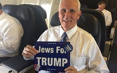 Republican vice presidential candidate Mike Pence holds a 'Jews for Trump' sign with a button for a proposed ‘Weed Out Hate Fest' in Central Park (Courtesy)