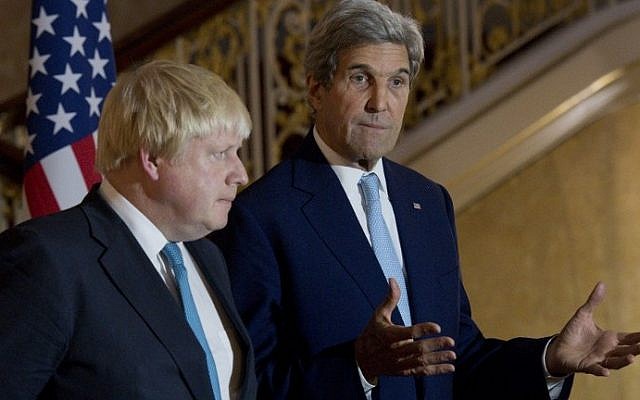 File: British Foreign Secretary Boris Johnson, left, and US Secretary of State John Kerry at a joint press conference after a meeting on the situation in Syria at Lancaster House in London on October 16, 2016. (AFP Photo/Pool/Justin Tallis)