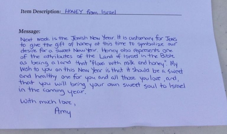 Amy Kalman’s gift message to Springsteen, accompanying the jar of Israeli honey she brought him (Courtesy Amy Kalman)