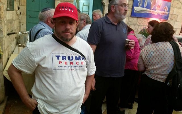 A Donald Trump supporter at a pro-Trump event in Jerusalem, October 26, 2016. (Raphael Ahren/Times of Israel)