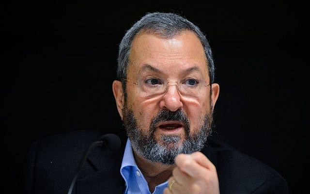 Former prime minister Ehud Barak at the launch event of the defense news Reporty App in Tel Aviv, March 16, 2016. (Flash90)
