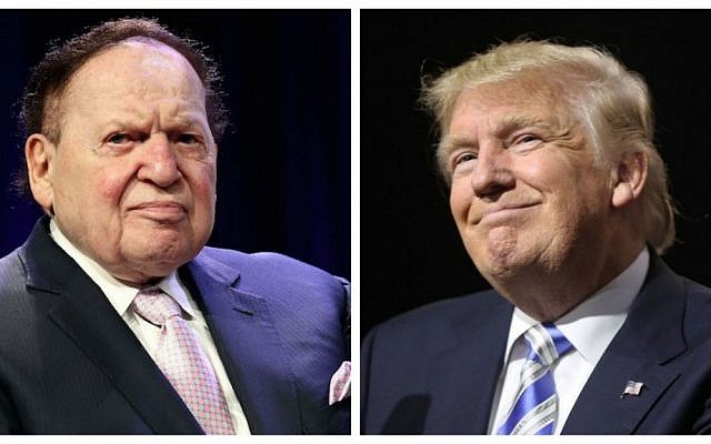 Casino magnate Sheldon G. Adelson, left, (Steve Mack/Getty Images, via JTA) and US President Donald Trump, right. (Spencer Platt/Getty Images/AFP)