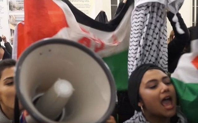 Pro-Palestinian students at University College London disrupt an Israel advocacy event on campus on October 28, 2016. (screen capture: YouTube) 
