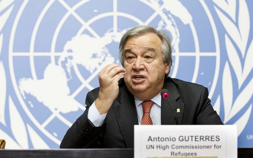 In this Friday, Dec. 18, 2015 file photo, United Nations High Commissioner for Refugees Antonio Guterres speaks during a news conference at the European headquarters of the United Nations in Geneva, Switzerland. (Salvatore Di Nolfi/Keystone via AP)