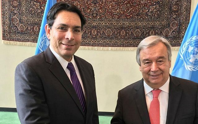 Antonio Guterres, newly confirmed as incoming UN secretary-general, with Israel's envoy to the UN Danny Danon, soon after the appointment of Guterres was endorsed, October 13, 2016 (Courtesy)