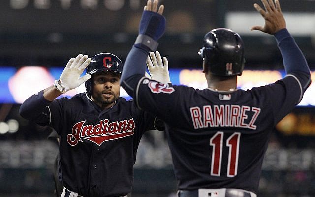 Coco Crisp, left, celebrating with Cleveland teammate Jose Ramirez in a game against the Detroit Tigers at Comerica Park in Detroit, Sept. 26, 2016. (Duane Burleson/Getty Images via JTA)