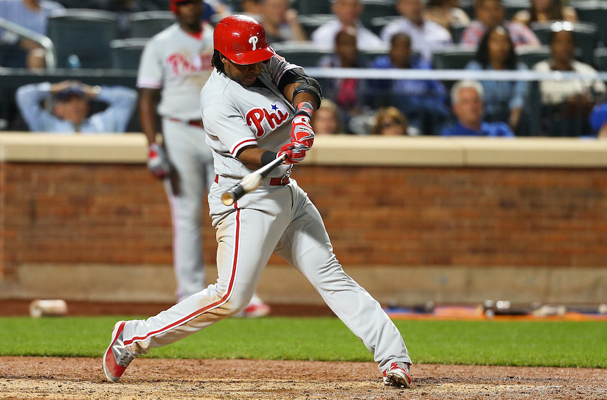 Maikel Franco of the Philadelphia Phillies hitting a home run against the Mets at Citi Field in New York, Sept. 22, 2016. (Mike Stobe/Getty Images via JTA)
