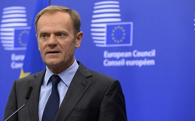 European Union Council President Donald Tusk speaks to the media about the US elections at the EU Council building in Brussels on November 9, 2016. (AFP PHOTO / THIERRY CHARLIER)