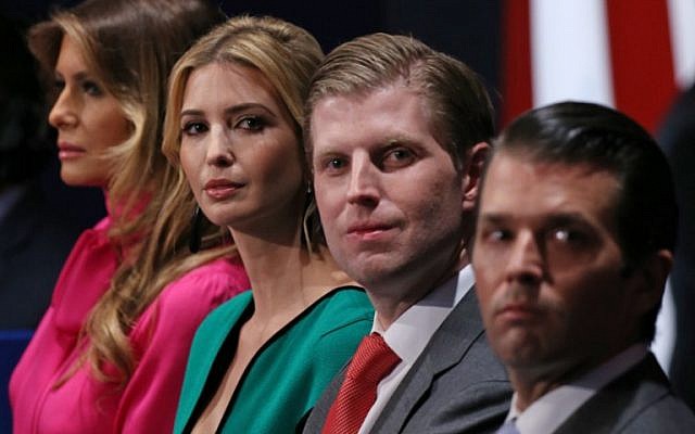 Family members of then-Republican president-elect Donald Trump, (from L-R) wife Melania Trump, daughter Ivanka Trump and sons Eric Trump and Donald Trump Jr. as they listen to the second presidential debate at Washington University in St. Louis, Missouri, October 9, 2016. (AFP/Tasos Katopodis/File)