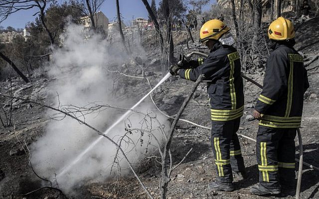 Israeli firefighters extinguish a fire in the northern Israeli city of Haifa following a wildfire, on November 25, 2016. (AFP/ JACK GUEZ)