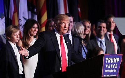Republican president-elect Donald Trump delivers his acceptance speech during his election night event at the New York Hilton Midtown in the early morning hours of November 9, 2016 in New York City. (Spencer Platt/Getty Images/AFP)