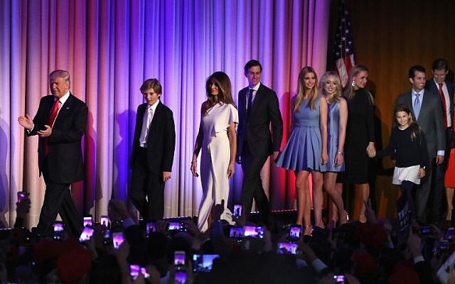 Republican president-elect Donald Trump walks on stage along with, left to right, his son, Barron Trump, wife Melania Trump, son-in-law Jared Kushner, daughters Ivanka Trump, Tiffany Trump, and Vanessa Trump, and sons Donald Trump Jr., and Eric Trump during his election night event at the New York Hilton Midtown in the early morning hours of November 9, 2016, New York City. (Mark Wilson/Getty Images/AFP)