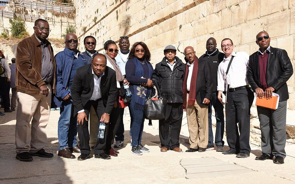 A group of 11 diplomats from seven African countries visited the area known as Robinson's Arch in the Old City of Jerusalem, November 28, 2016. Second from right is Ze'ev Orenstein of the City of David archeological park, who led the envoys' tour (Michel Rozili/City of David)
