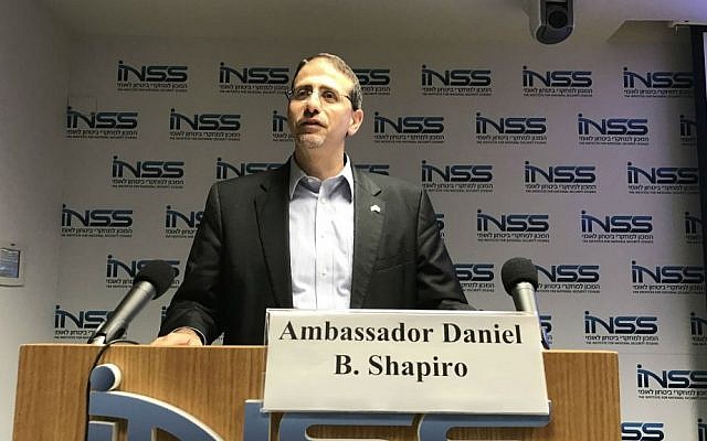 Daniel Shapiro, the US ambassador to Israel, speaking at the Institute for National Security Studies in Tel Aviv, Nov. 9, 2016. (Andrew Tobin/JTA)