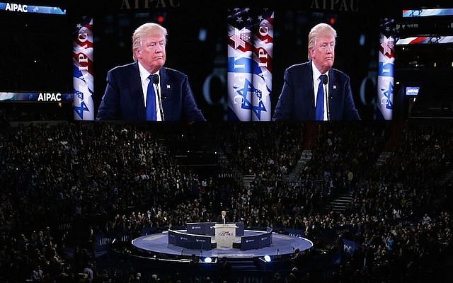 Donald Trump addressing the annual policy conference of the American Israel Public Affairs Committee in Washington, D.C., March 21, 2016. (Alex Wong/Getty Images)