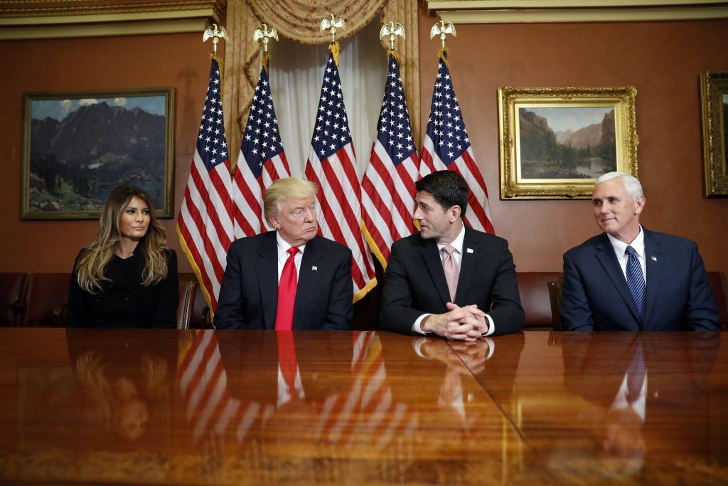 President-elect Donald Trump, his wife Melania and Vice president-elect Mike Pence, pose for photographers with House Speaker Paul Ryan of Wis. after a meeting in the Speaker's office on Capitol Hill in Washington, Thursday, Nov. 10, 2016. (AP Photo/Alex Brandon)