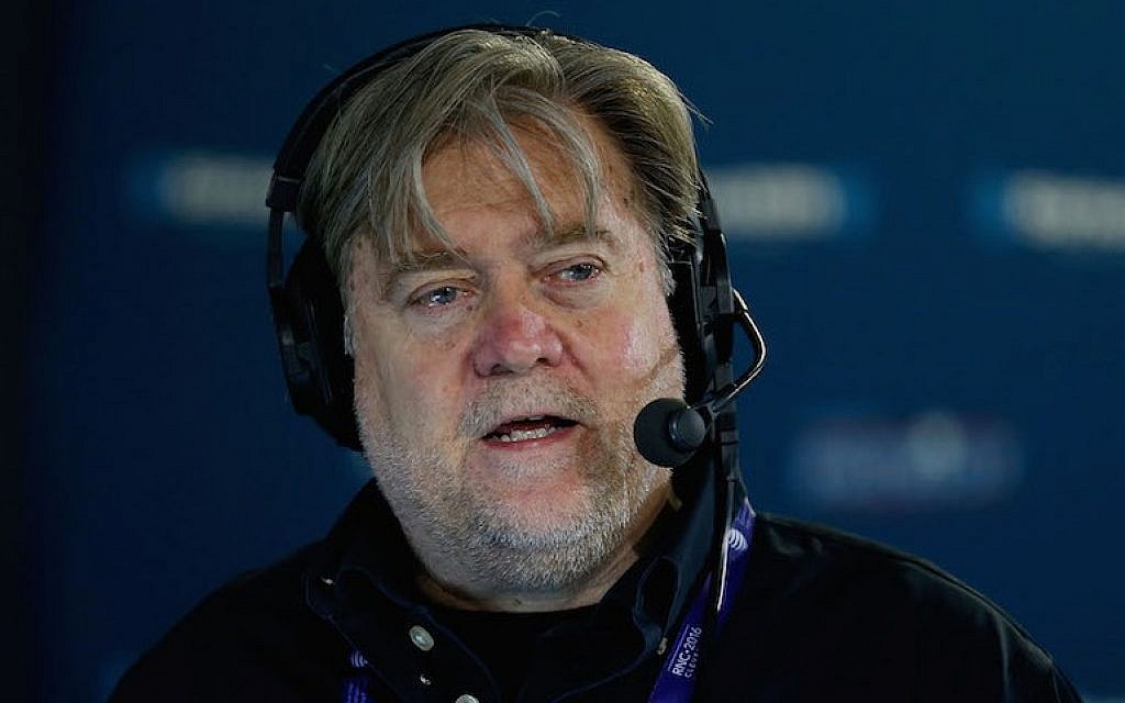 Stephen K. Bannon talking about immigration issues with a caller while hosting Brietbart News Daily on SiriusXM Patriot at Quicken Loans Arena in Cleveland, Ohio, July 20, 2016. (Kirk Irwin/Getty Images for SiriusXM)