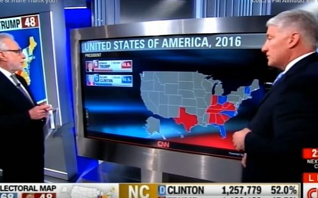 Wolf Blitzer and Jonh King discussing the dynamic electorate map on CNN as polls closed on November 8, 2016. (Screen capture: YouTube) 