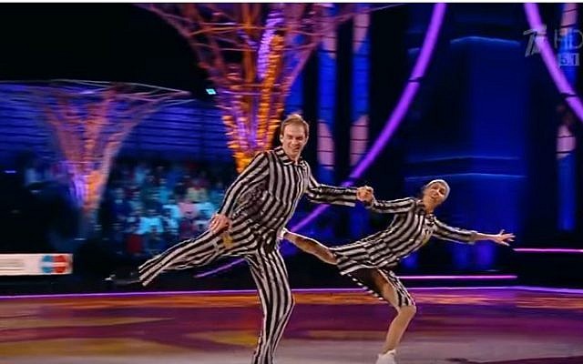 An image from Tatiana Navka and Andre Burkovsky's Holocaust-themed ice skating performance on the Russian reality competition show 'Ice Age,' November 26, 2016. (Screen shot, YouTube)
